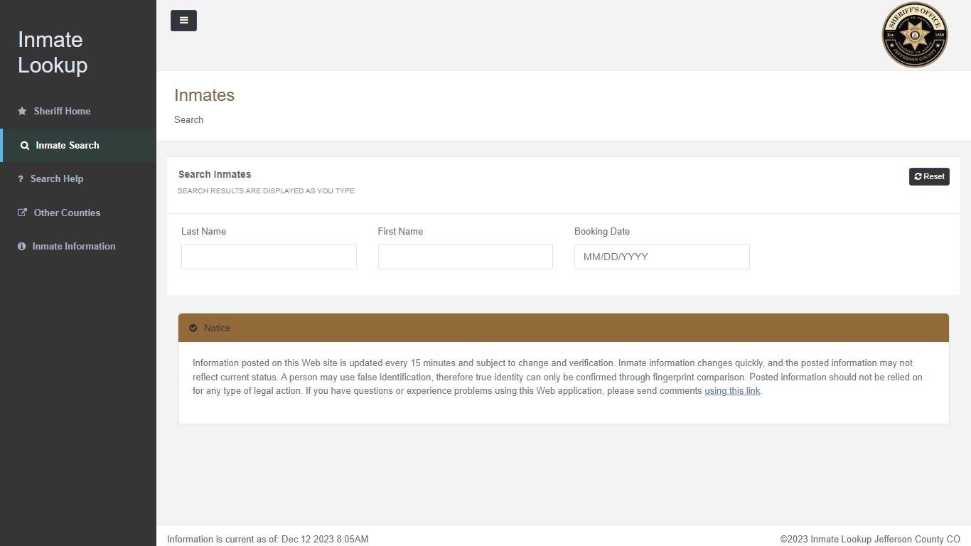 Inmate Search - Jefferson County, Colorado